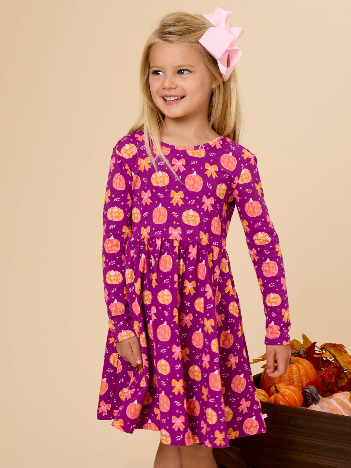 Girls Pumpkin Bow Patch Knit Long Sleeve Twirl Dress