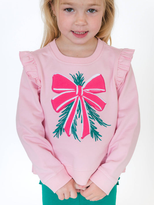 Girls Pink Mistletoe Bow Applique Flutter Sweatshirt