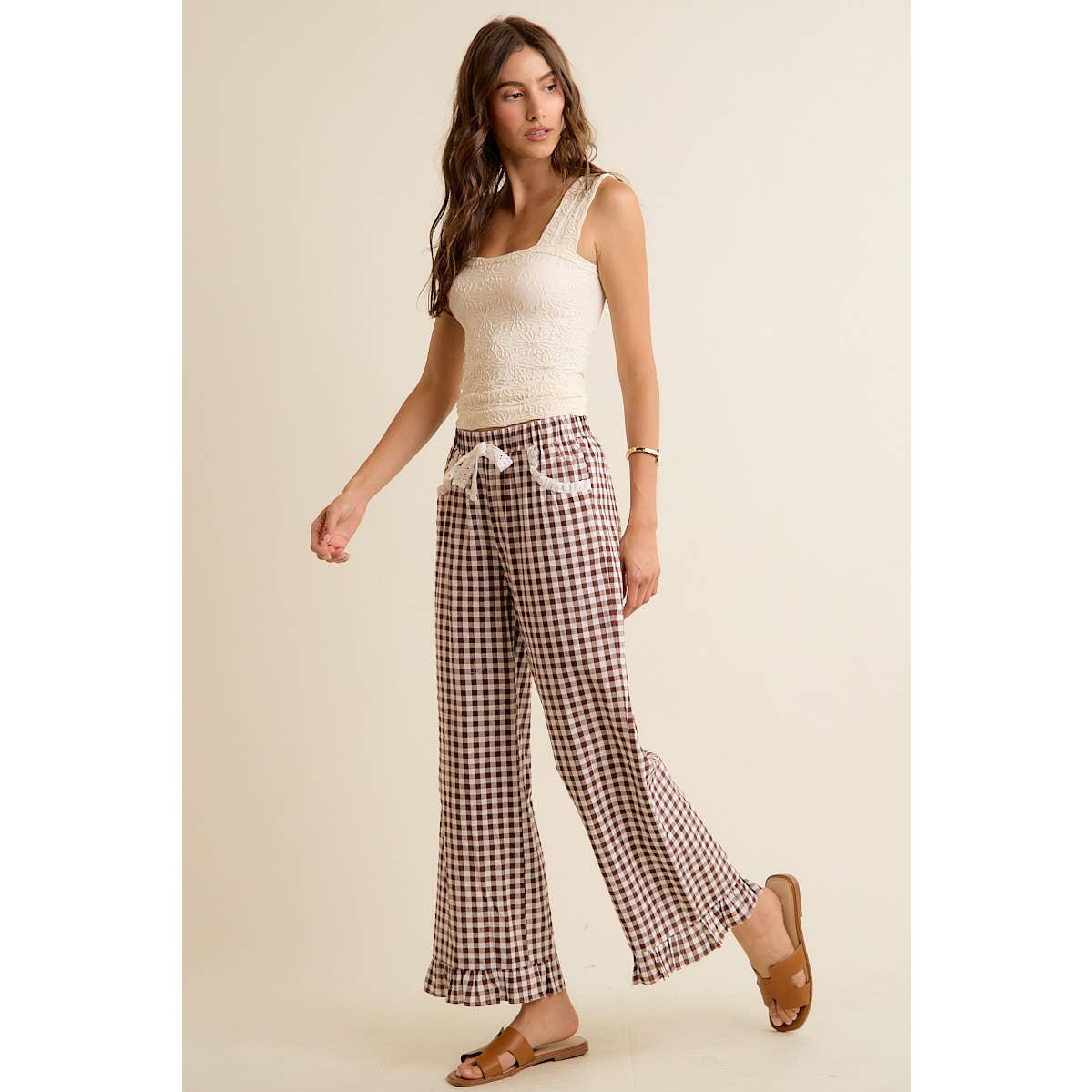 GINGHAM LACE RUFFLED PULL ON PANTS