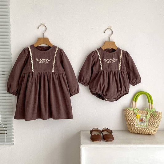 Toddler Girl Fall Outfit Embroidered Dress Baby Romper - Multiple Colors Available