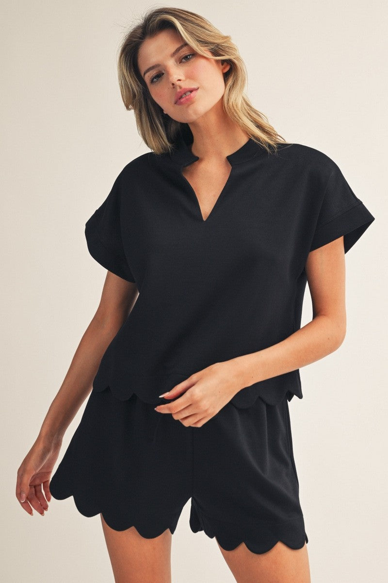 Scallop Hem Detail Solid Top & Shorts Sets