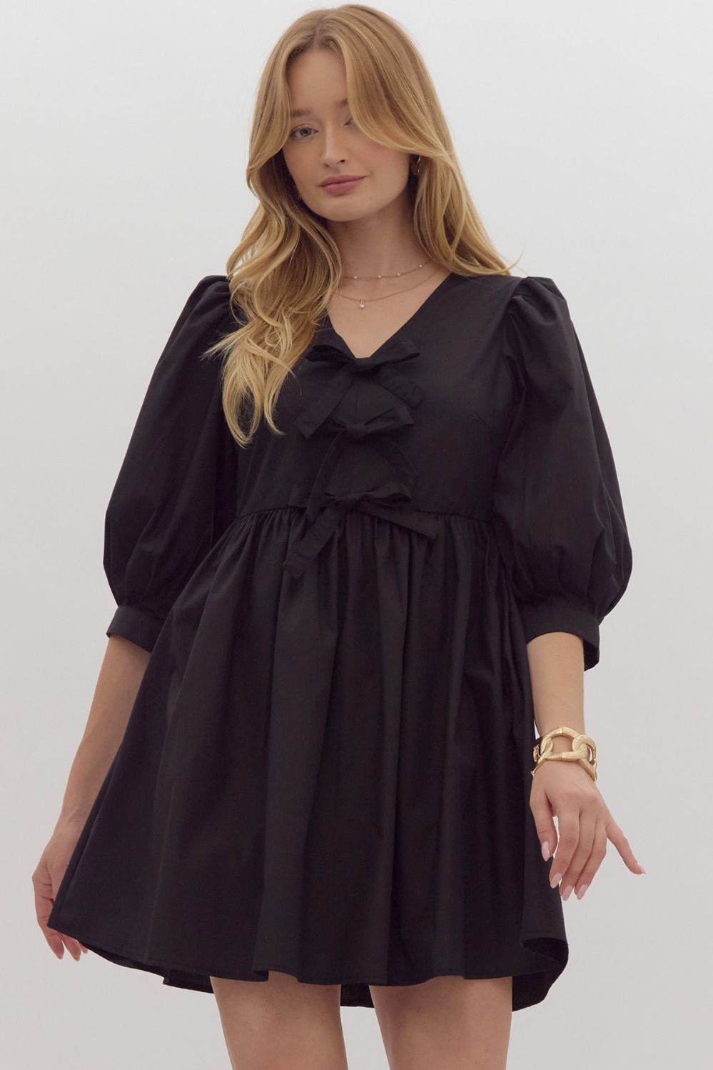 Black Bow Puff Sleeve Dress