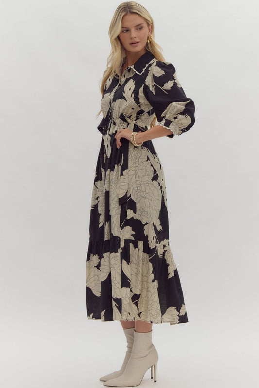 Black Floral Collared Scalloped Trip Midi Dress