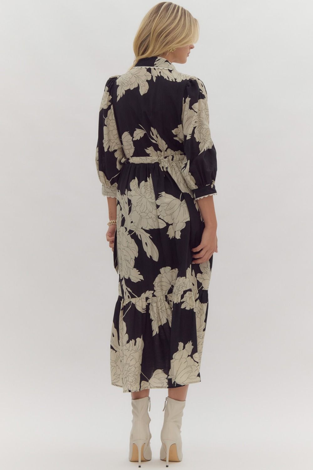 Black Floral Collared Scalloped Trip Midi Dress