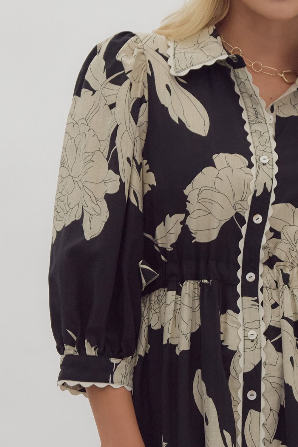 Black Floral Collared Scalloped Trip Midi Dress