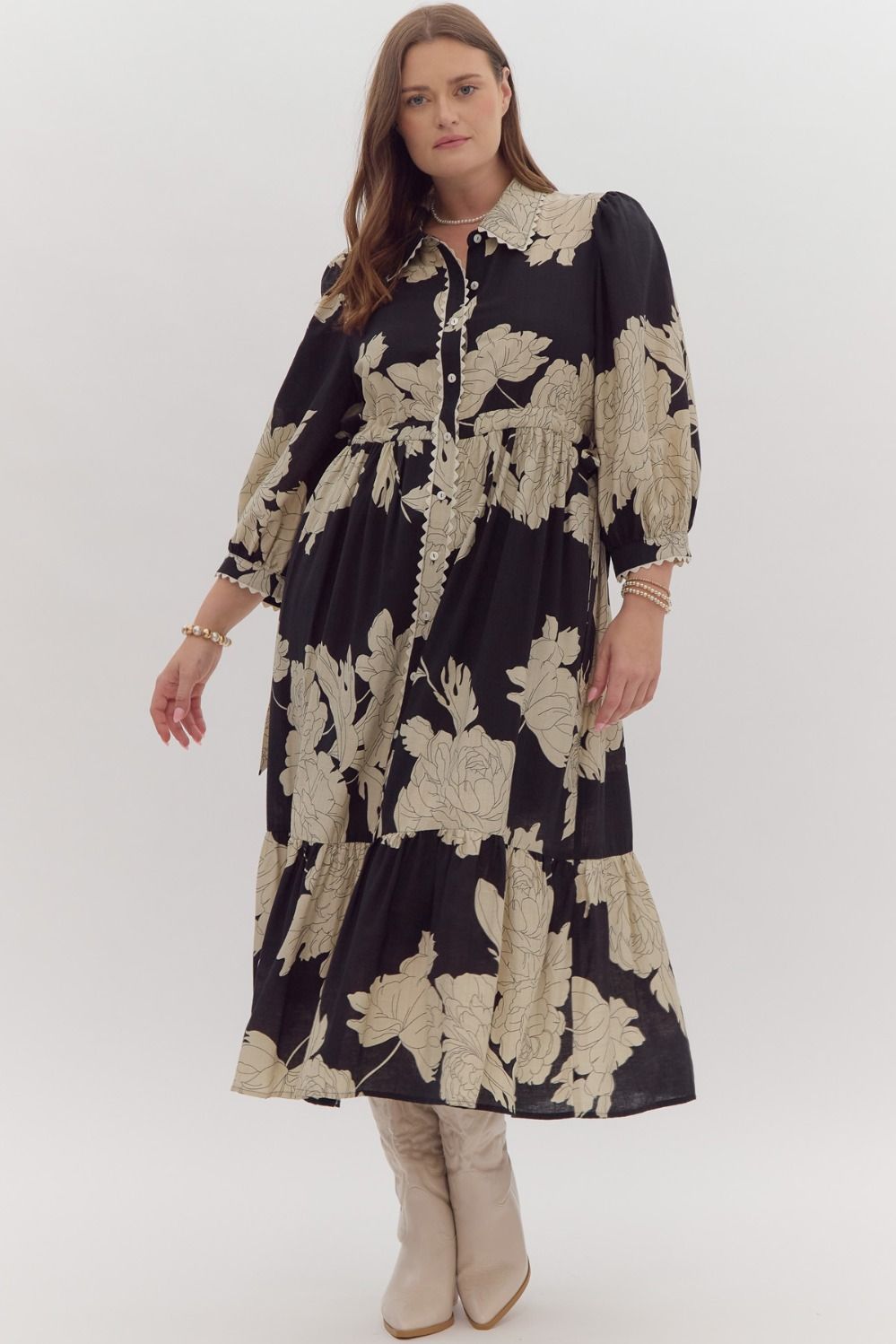 Black Floral Collared Scalloped Trip Midi Dress