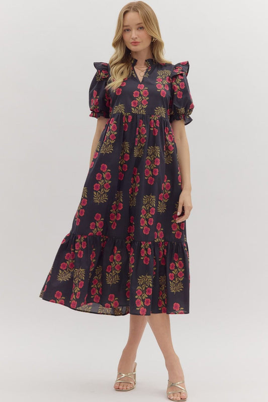 Floral Print Puff Sleeve Midi Dress