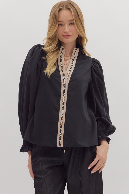 Soild Black Long Sleeve with Cheetah Detail