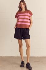 Pink Solid Short Sleeve Knit Top