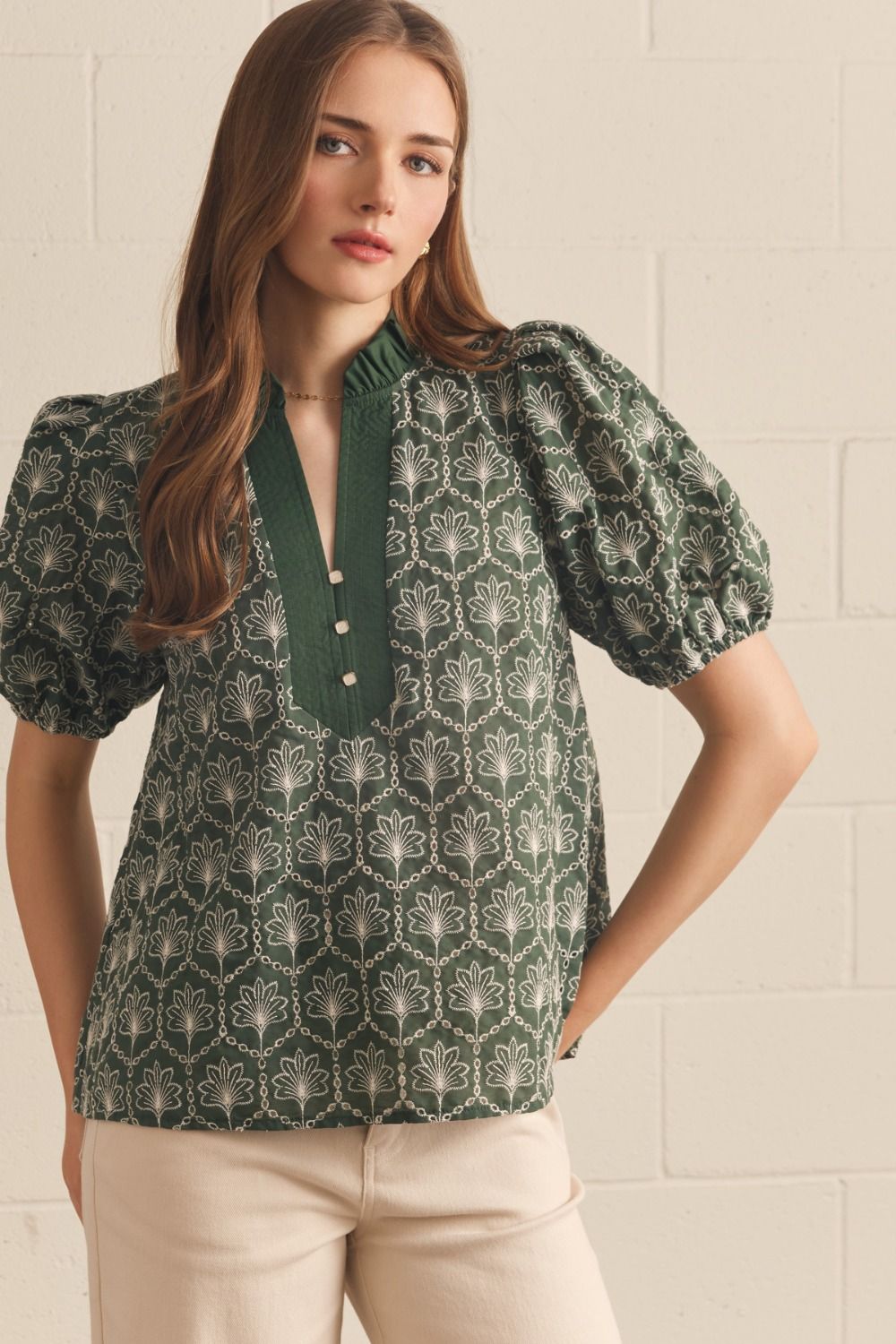 Green Embroidered Puff Sleeve