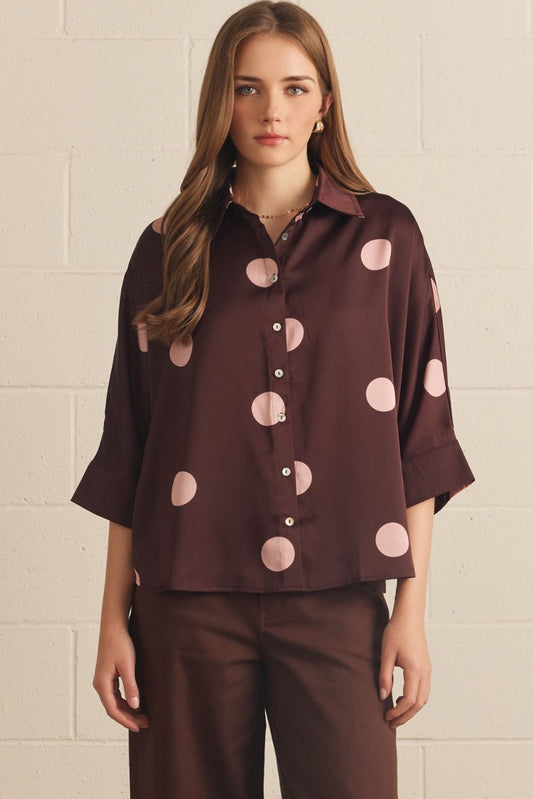 Burgandy Polka dot collared 3/4 sleeve top