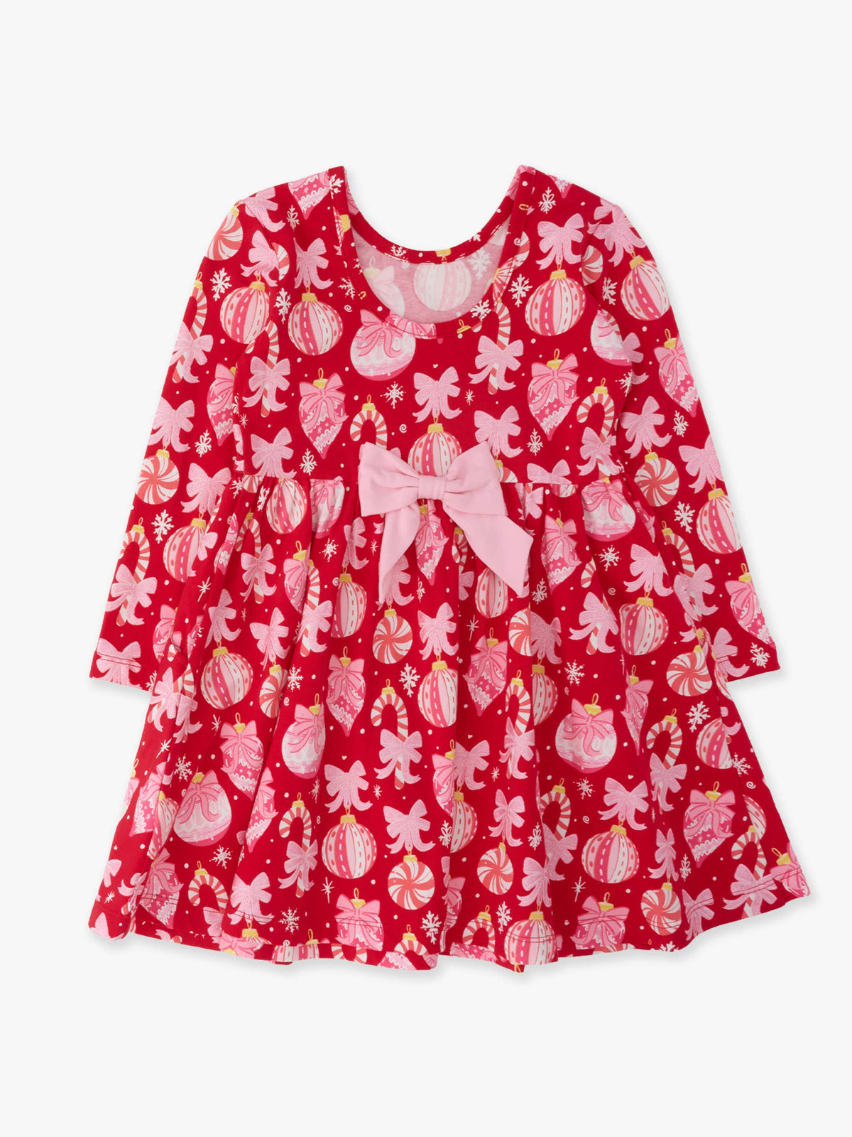 Girls Red Holly Christmas Ornament Bows Knit Long Sleeve Twirl Dress