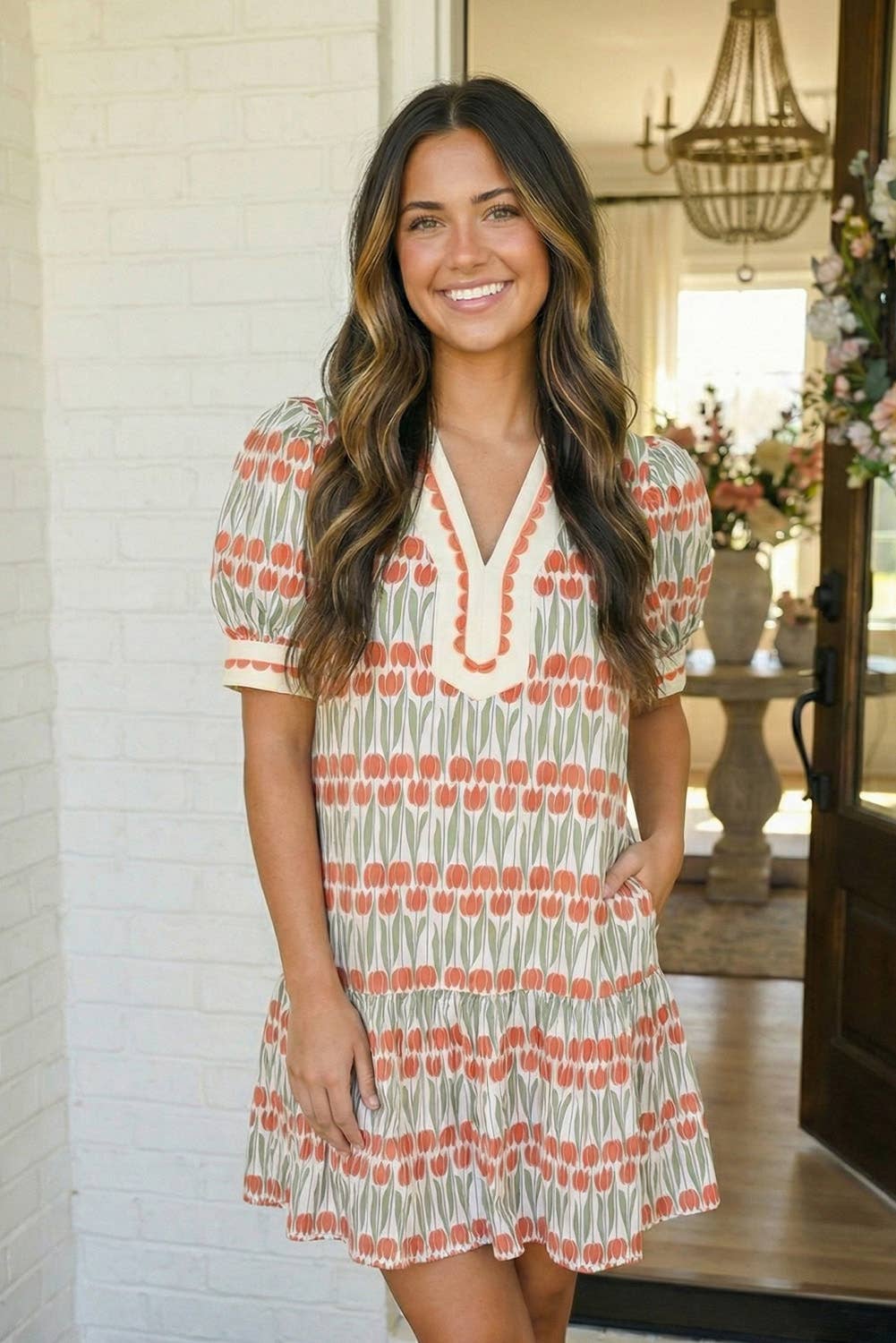 Tulip Floral Print Cotton Puff Sleeve Mini Dress