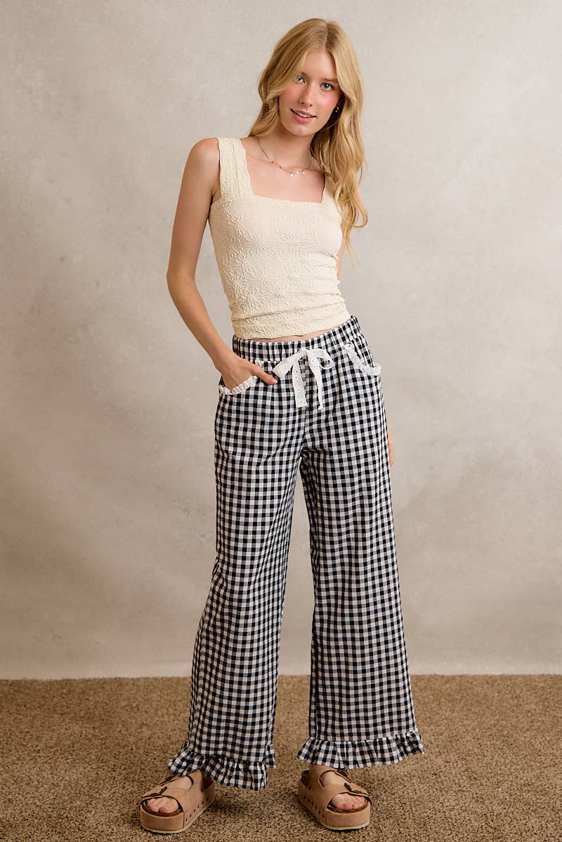 GINGHAM LACE RUFFLED PULL ON PANTS