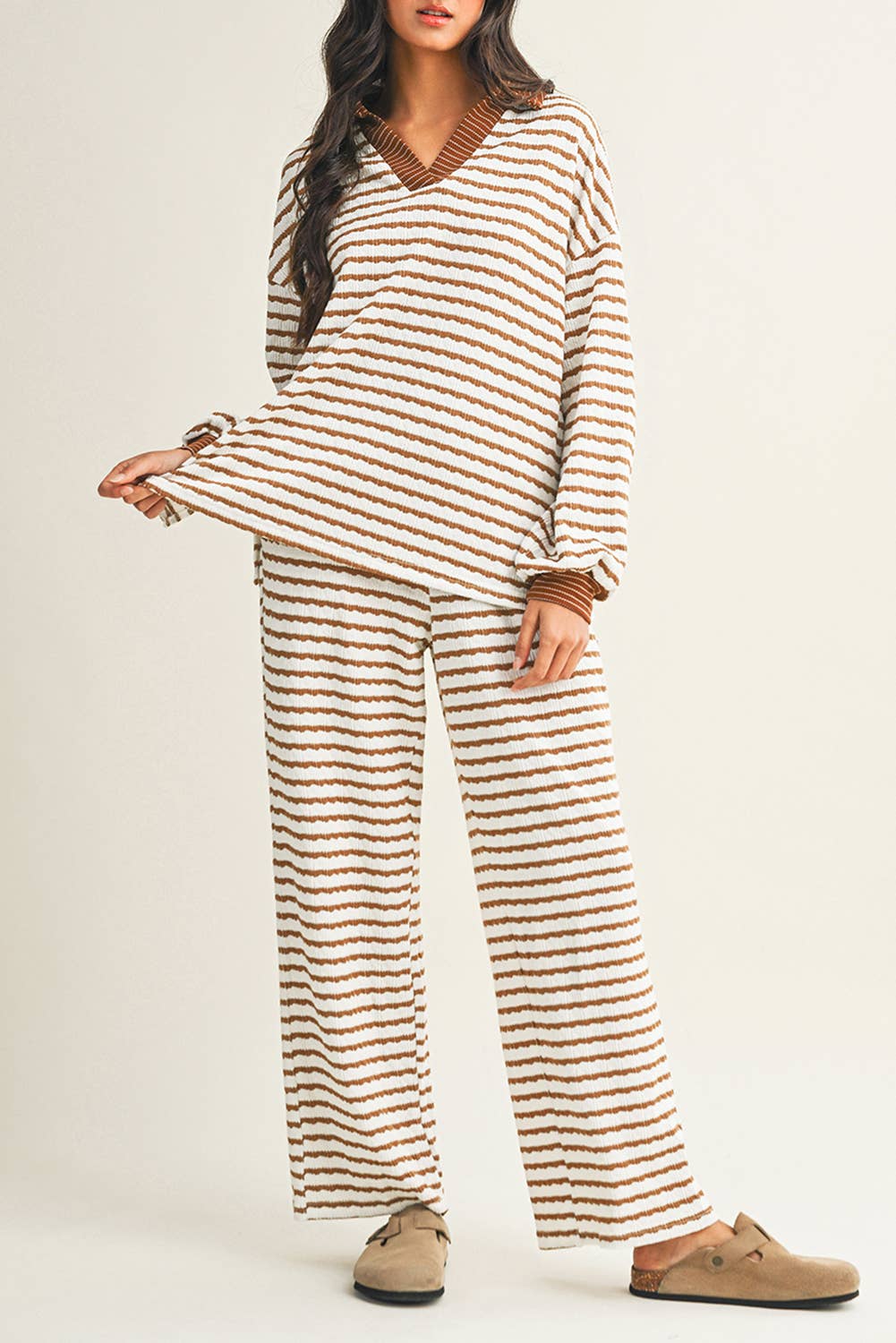 Stripe Collared Pullover Top and Drawstring Pant Set