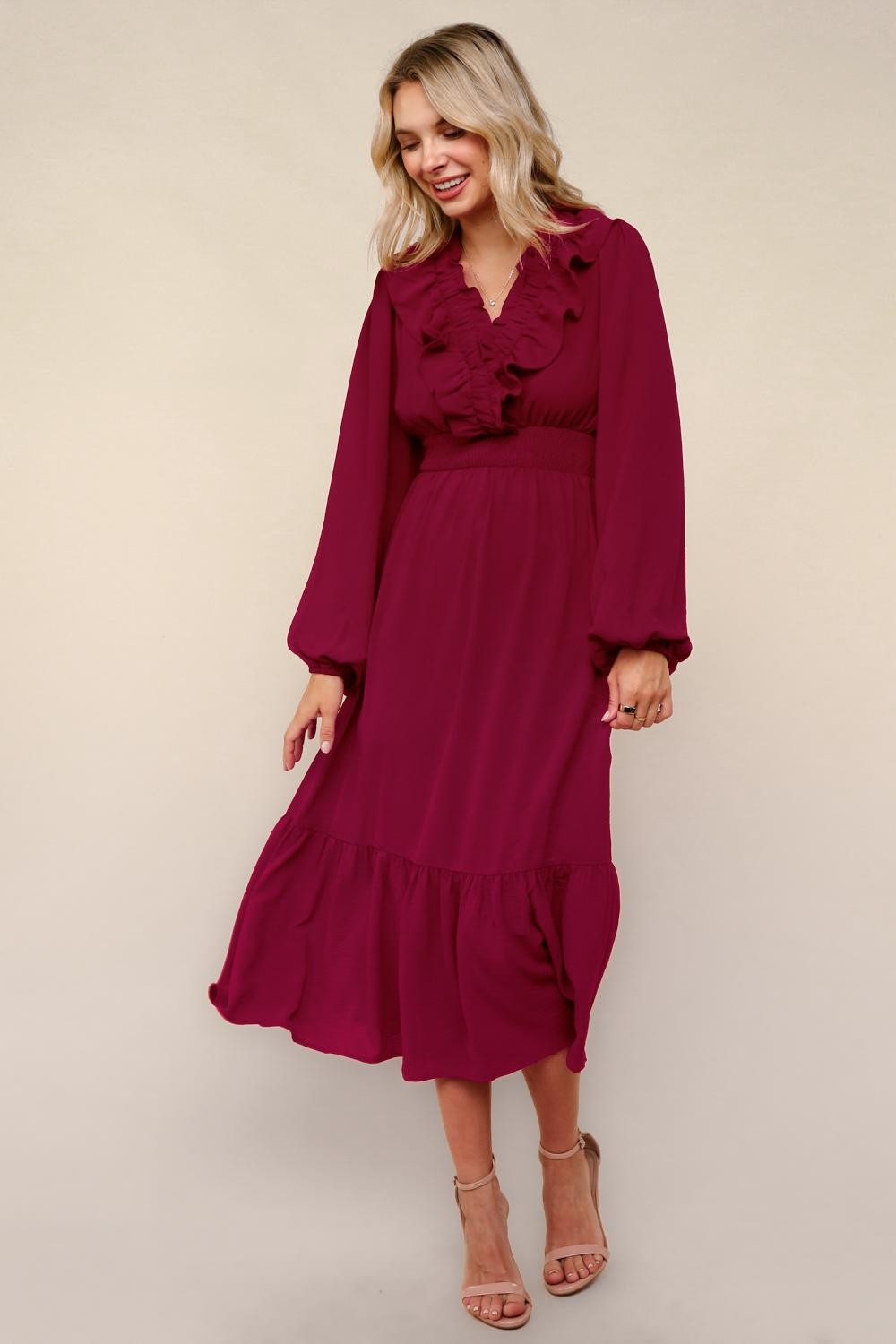 Solid Ruffle V Neck Midi Length Woven Dress