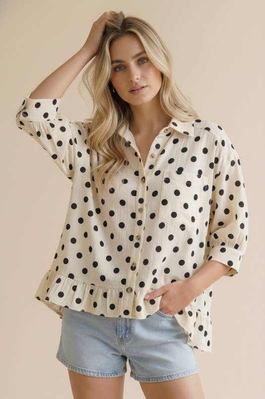 Collared Button Down Peplum Polka Dot Print