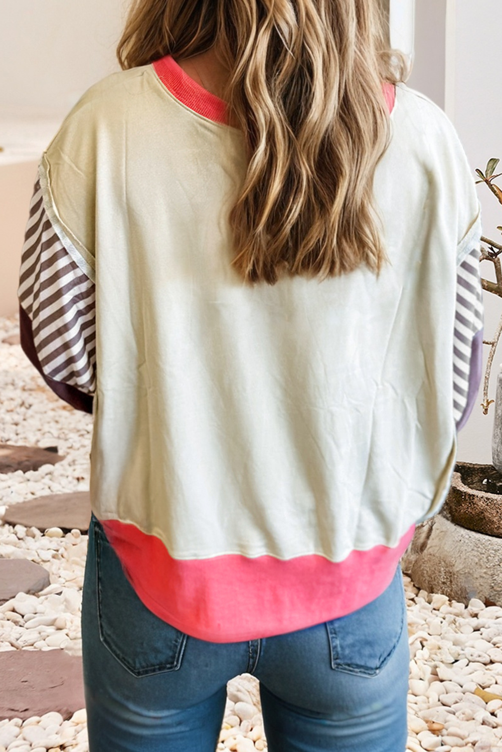 Color Block Striped Patchwork Dolman Slit Sweatshirt
