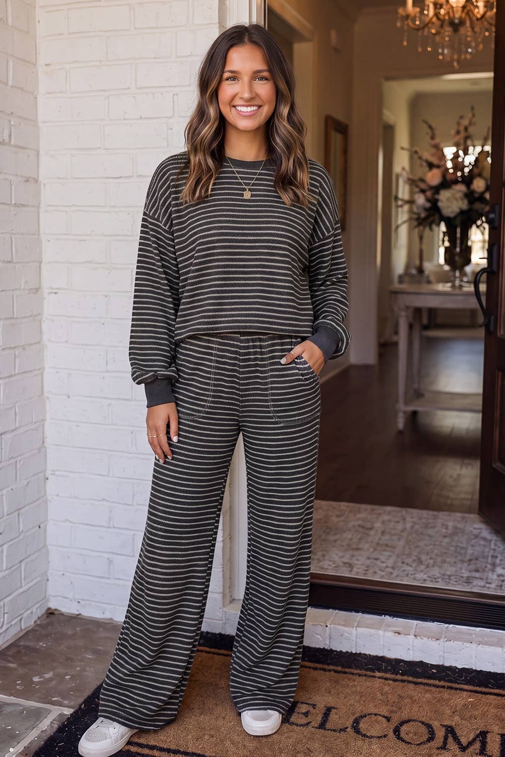 Cozy Striped Crew Neck Pocketed Pants Set