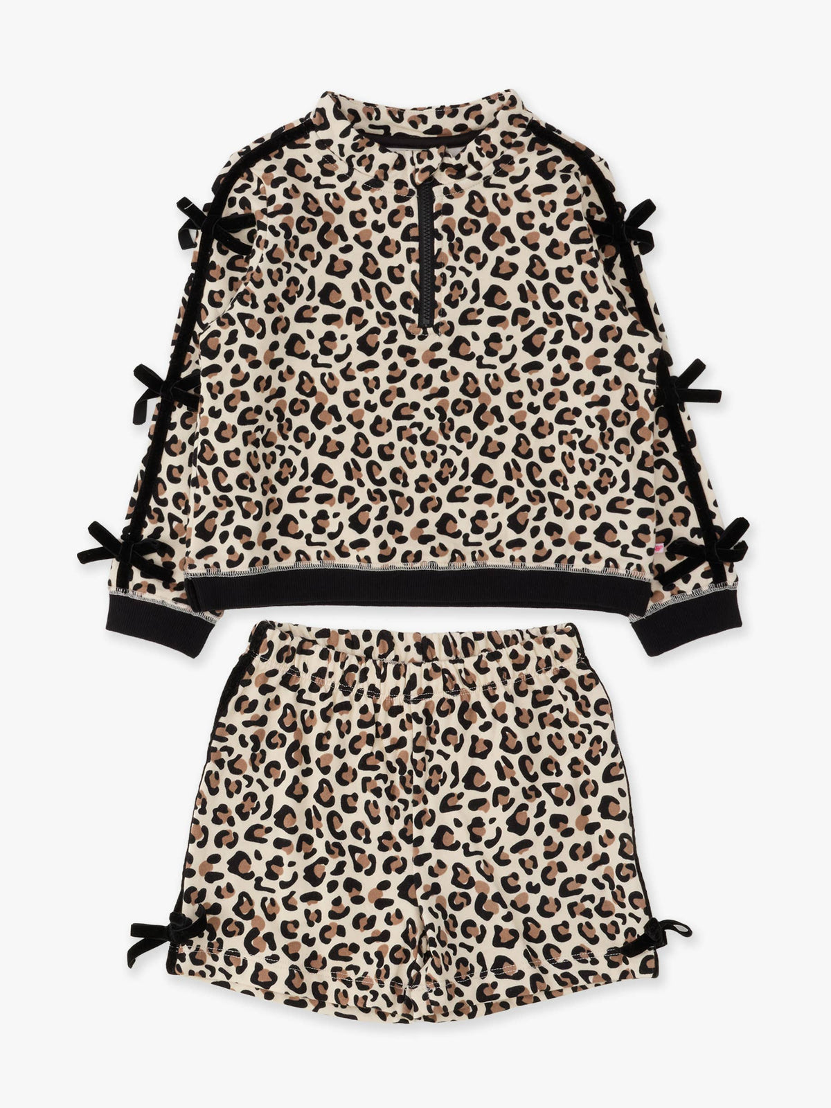 Girls Classic Leopard Fleece Bow Quarter Zip & Shorts Set