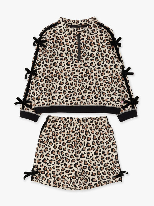 Girls Classic Leopard Fleece Bow Quarter Zip & Shorts Set