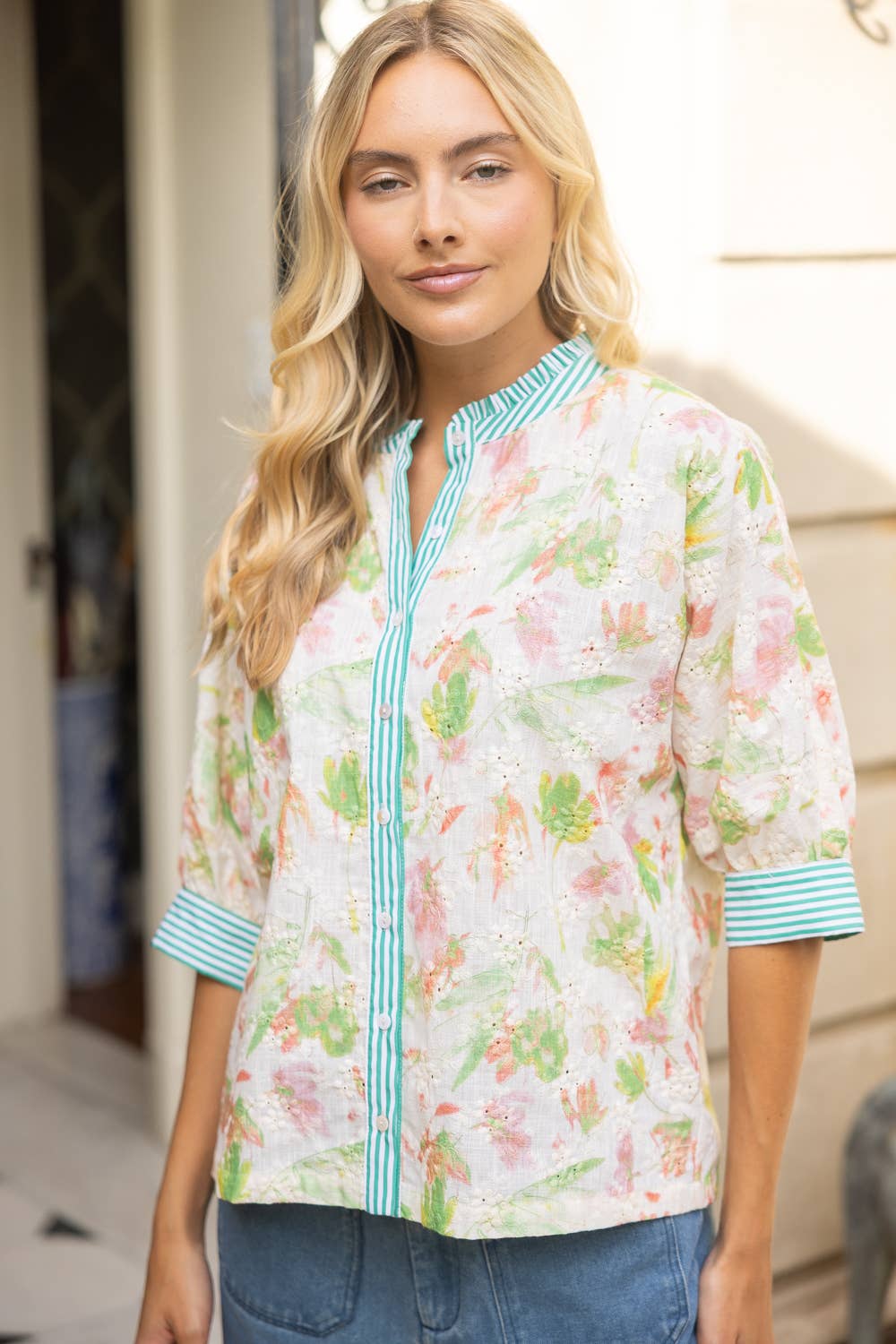 Stripe Contrast Button Down Floral Embroidered Top