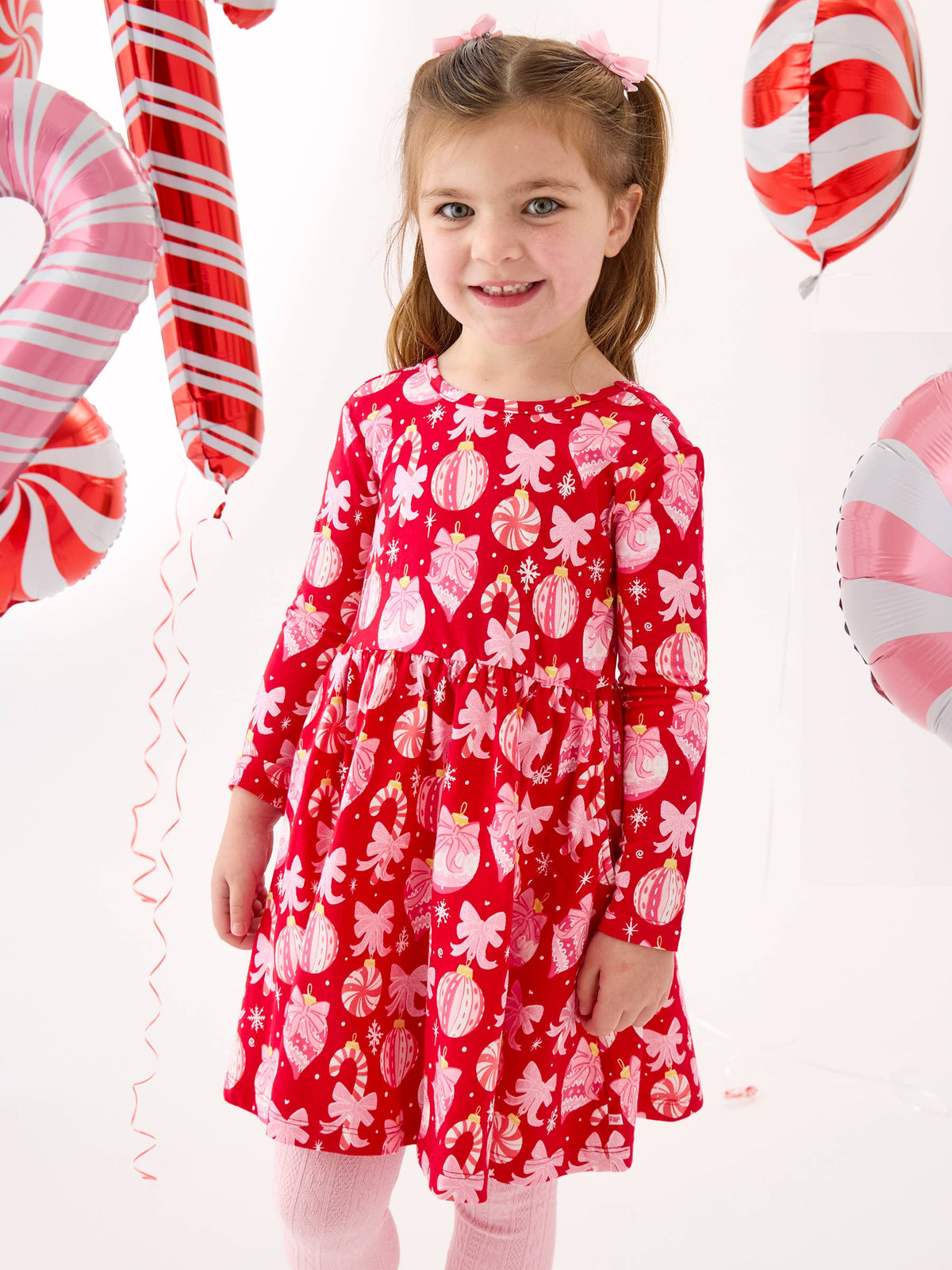 Girls Red Holly Christmas Ornament Bows Knit Long Sleeve Twirl Dress