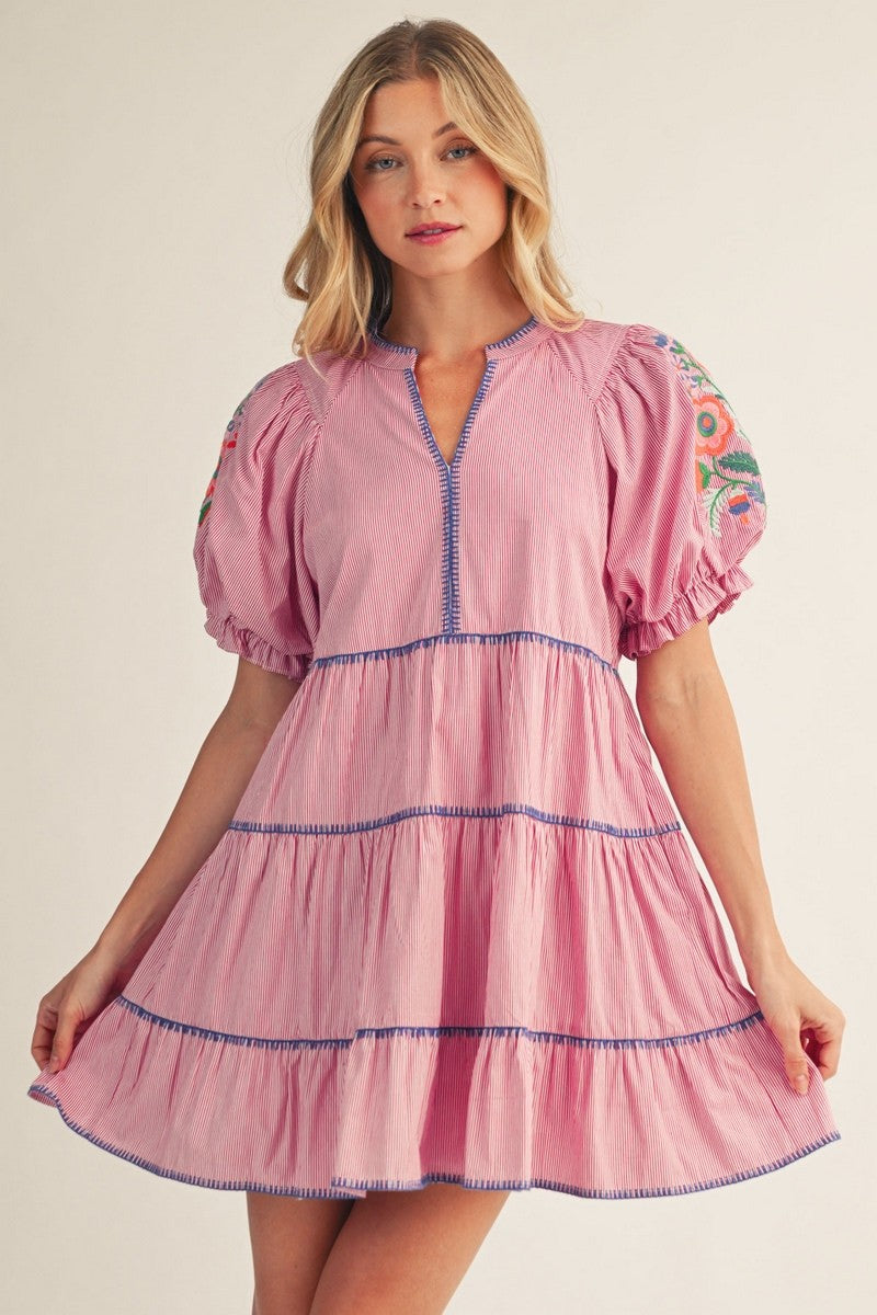 Embroidery Accent Pinstripe Dress