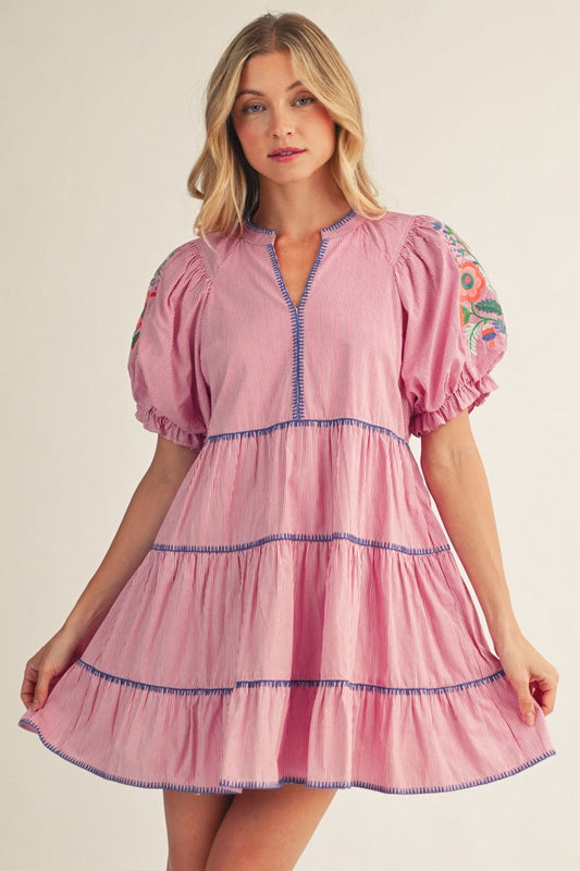 Embroidery Accent Pinstripe Dress