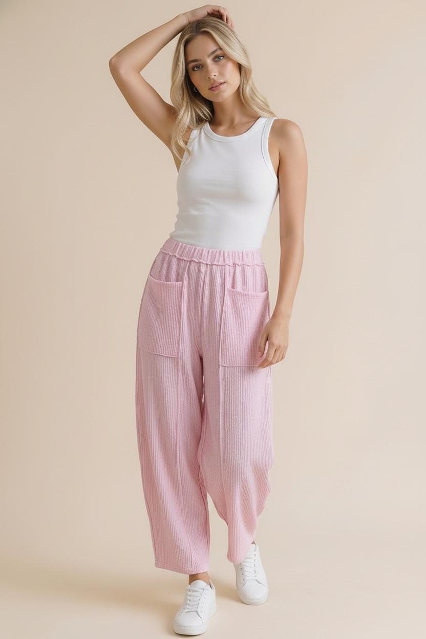 Elastic Waist Textured Rib Barrel Pants