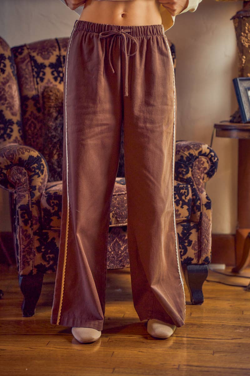 SIDE LACE TRIM COTTON DENIM WIDE LEG PULL ON PANTS