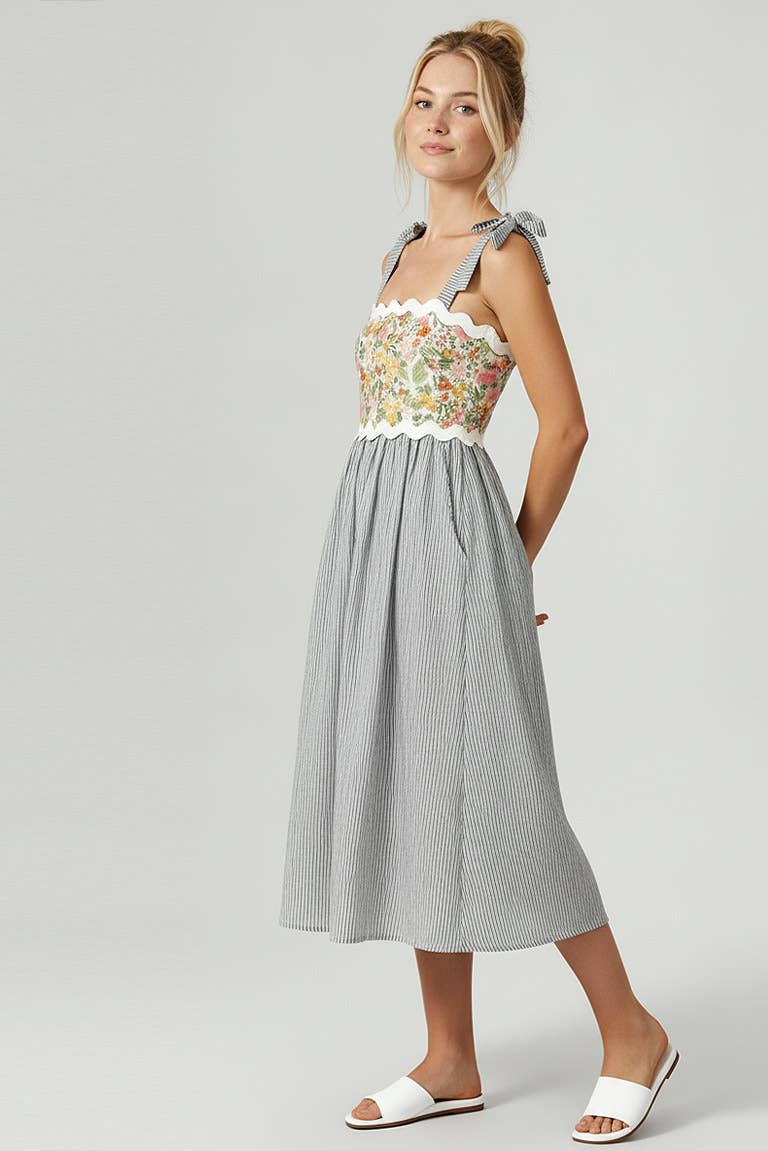 STRAP SHOULDER RIC RAC FLORAL STRIPE MIDI DRESS