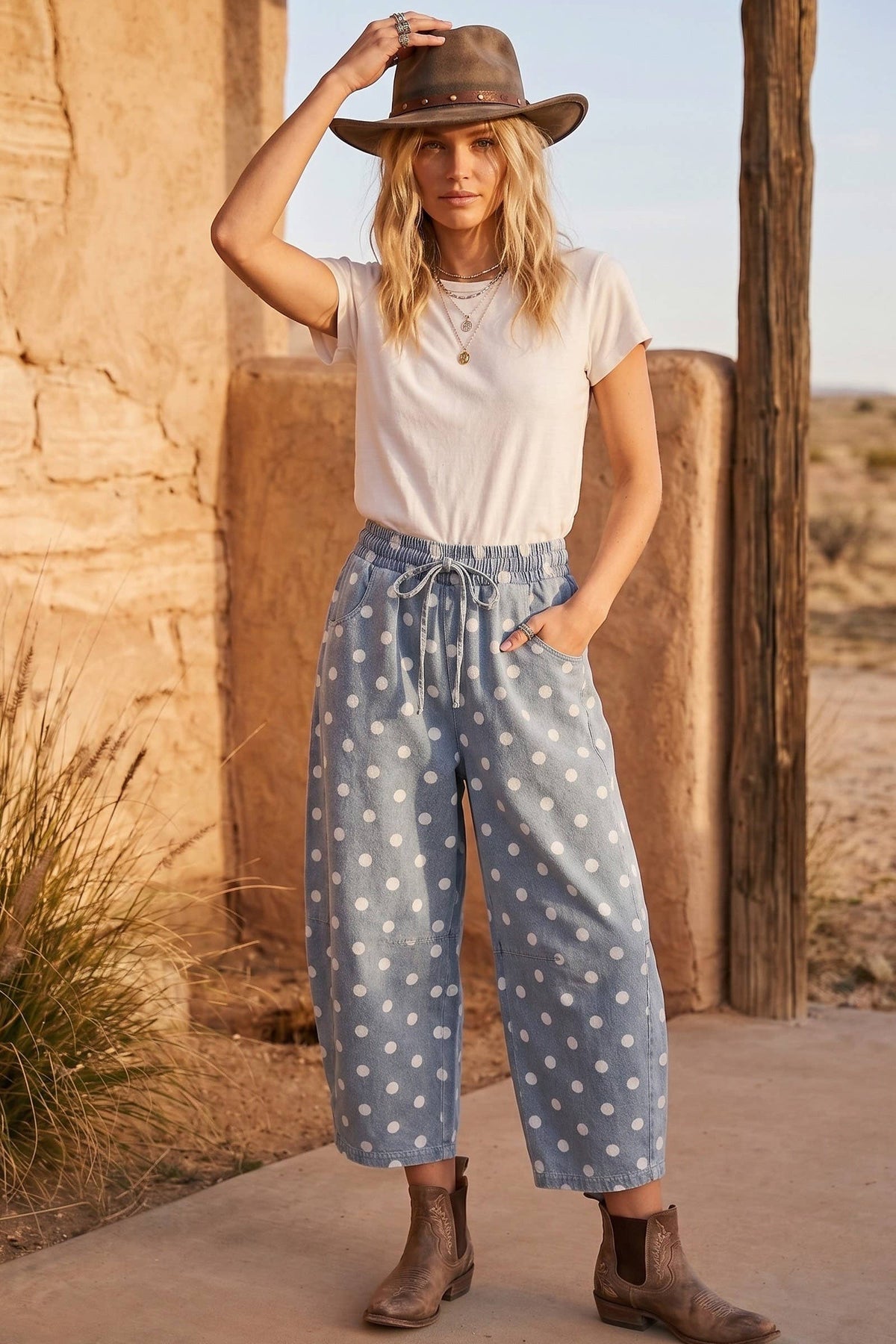 Oversized Polka Dot Denim Barrel Pants