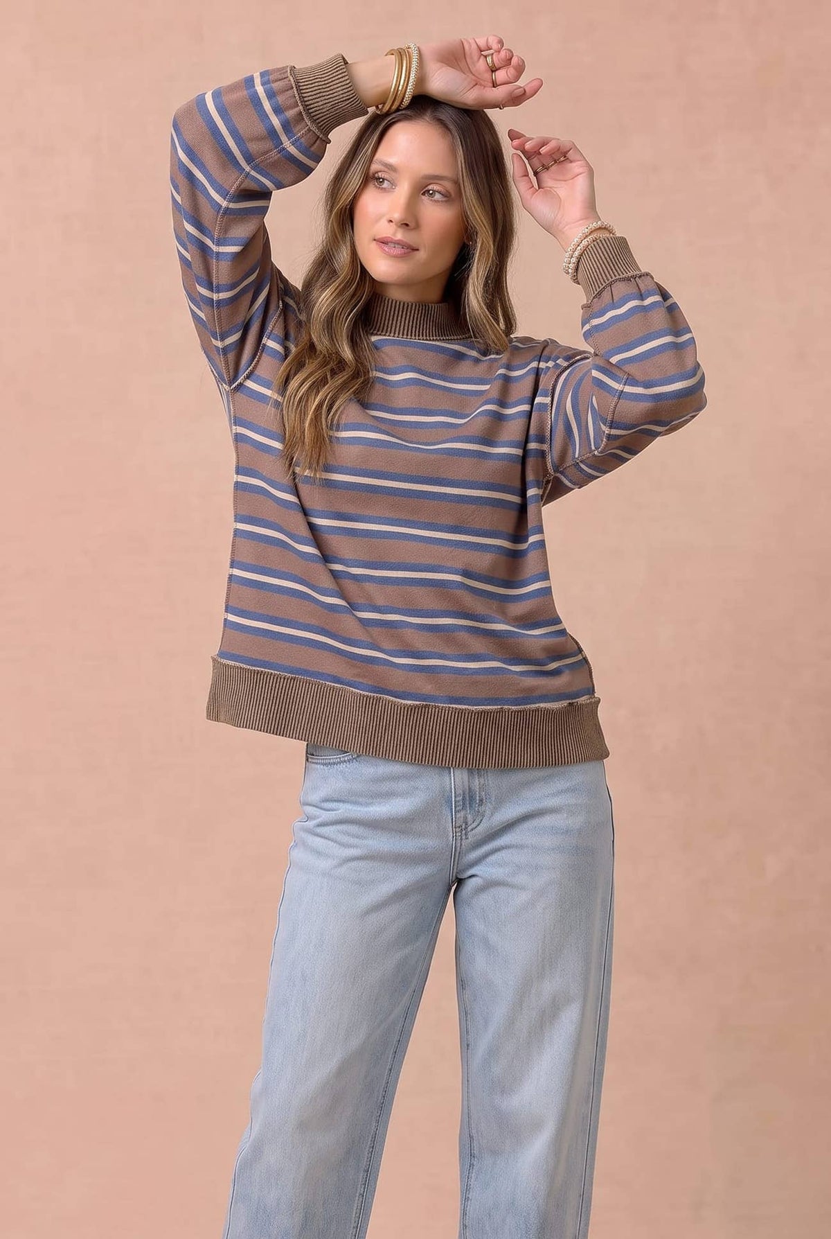 Striped Mock Neck Balloon Sleeve Knit Top
