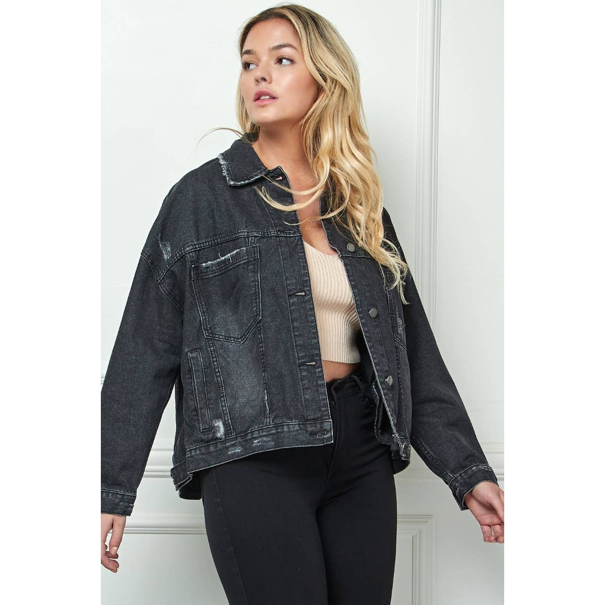 Plus Size Oversize Pleated Back Color Denim Jacket