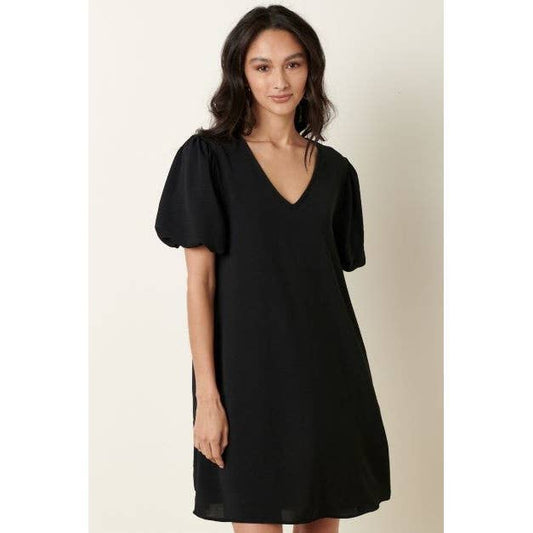 Black AIRFLOW V NECK PUFF SLEEVE MINI DRESS