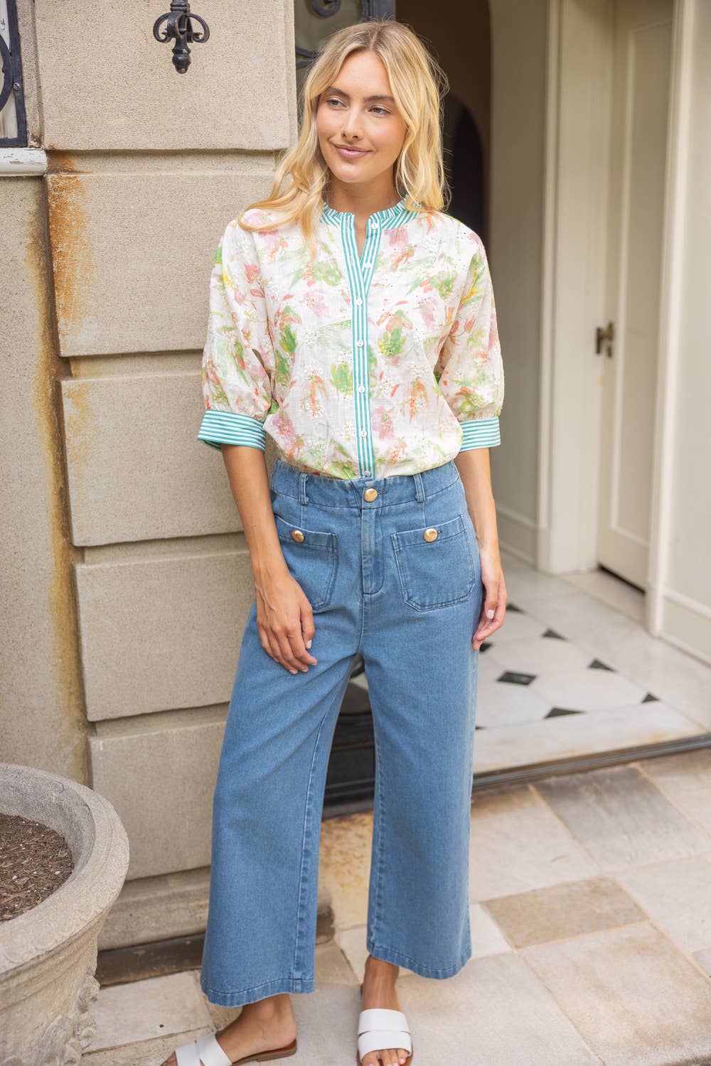 Stripe Contrast Button Down Floral Embroidered Top