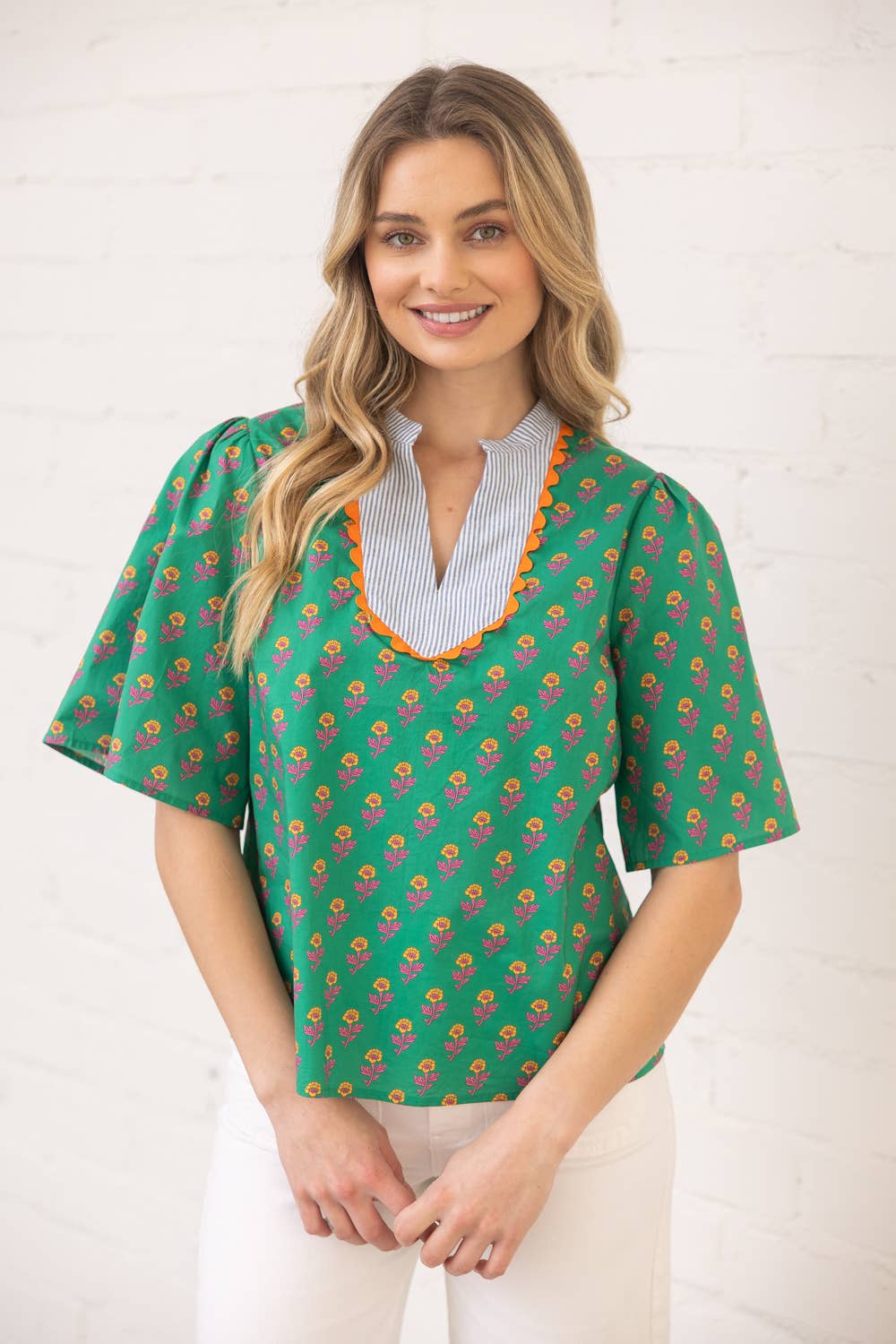 Wavy Trim Striped Yoke Print Top