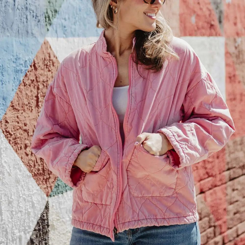 Pink Garment Washed Quilted Jacket Women