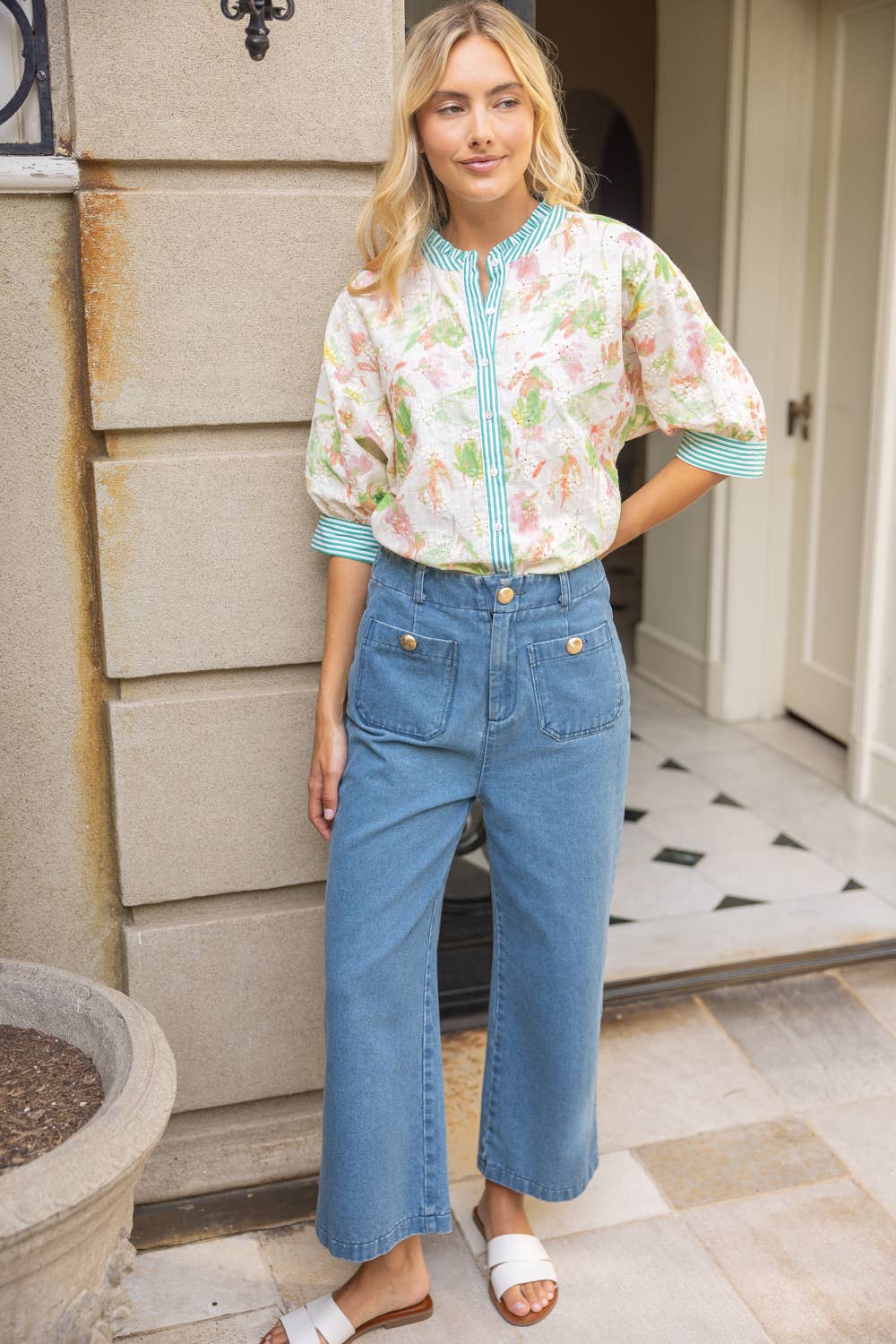 Stripe Contrast Button Down Floral Embroidered Top
