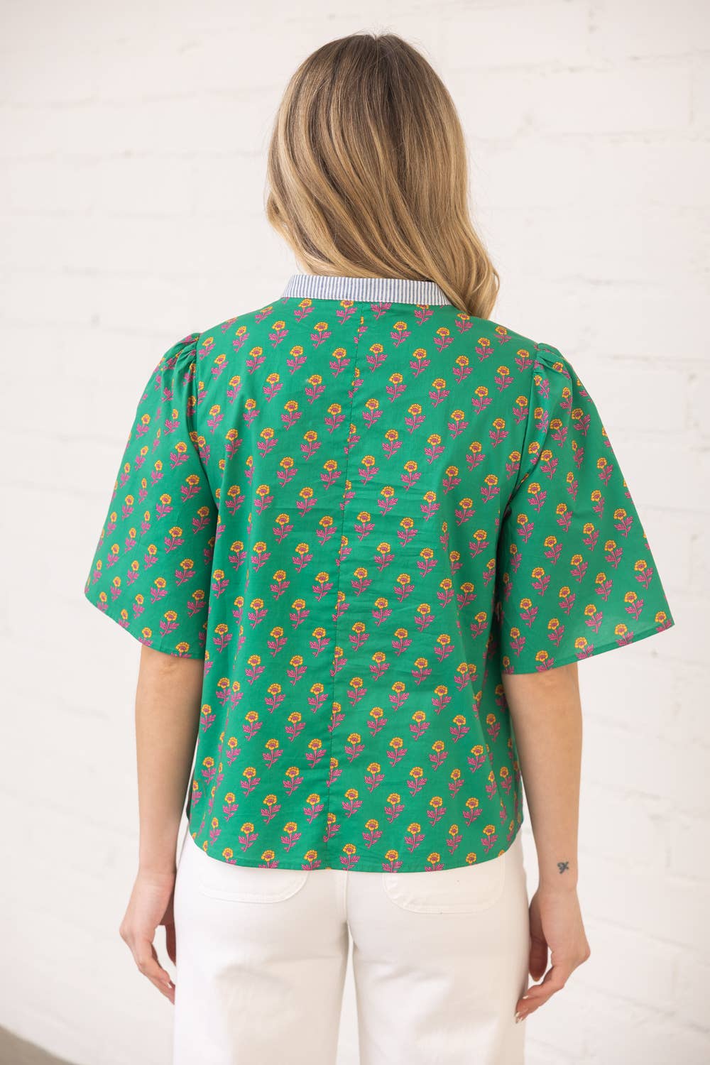Wavy Trim Striped Yoke Print Top
