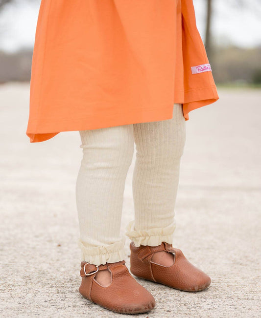 Girls Heather Oatmeal Rib Knit Footless Ruffled Tights