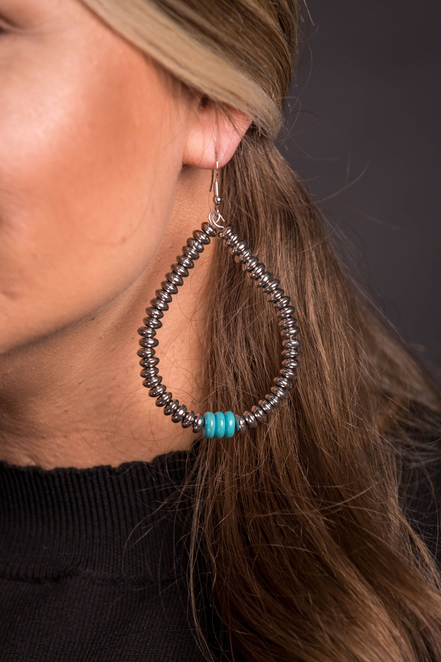 Metallic Silver and Turq Disk Teardrop Earring