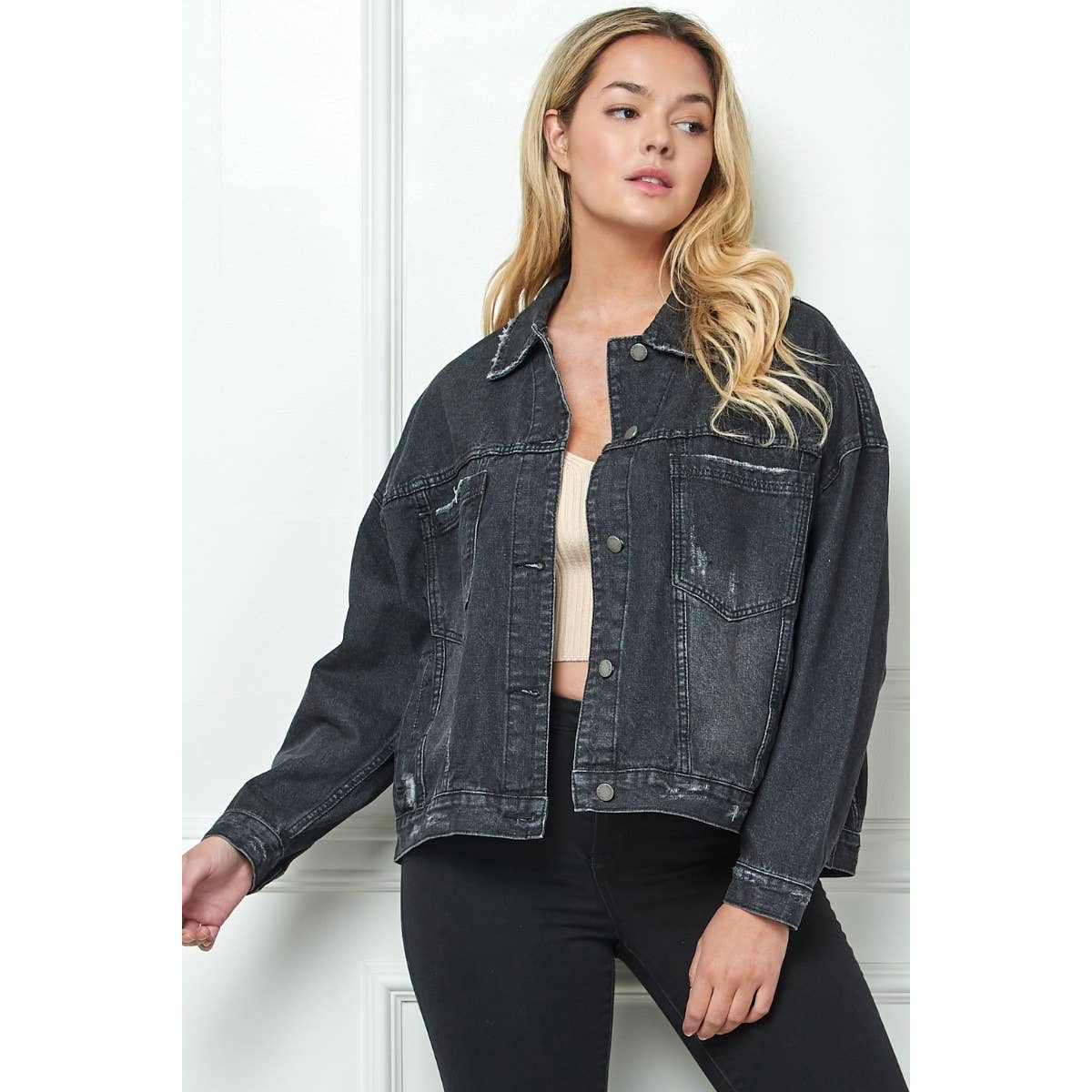 Plus Size Oversize Pleated Back Color Denim Jacket