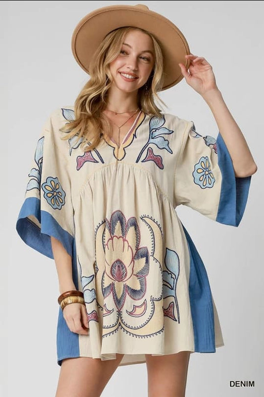Denim V-Neck Embroidered Dress