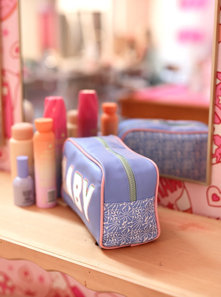 Handle Cosmetic Bag - 'Baby' Embroidered (Periwinkle/Coral)