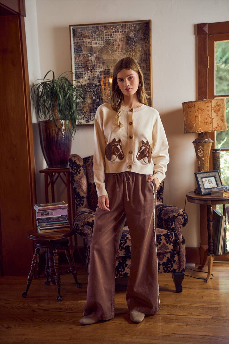 SIDE LACE TRIM COTTON DENIM WIDE LEG PULL ON PANTS